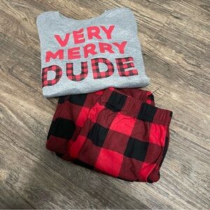North Pole Very Merry Dude Boys Pajama Set Sweatshirt Pants Gray Red Boys L